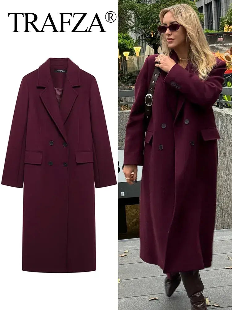 Women Burgundy Woolen Double Breasted Coat
