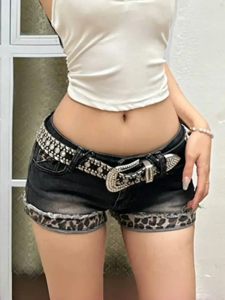 Women Retro Leopard Denim Shorts
