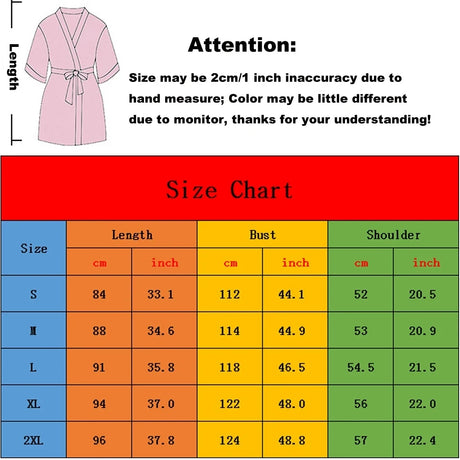 Size chart for Team Bride Satin Robe, showing measurements in cm and inches for various sizes (S-2XL).