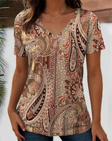 Women's floral paisley V-neck tee, regular fit, short sleeves, perfect for casual wear.