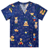Women’s cotton nurse scrubs featuring colorful bear patterns on a blue background, ideal for medical and beauty settings.
