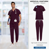 Medical scrubs uniform set for men, short sleeve top and elastic pants in dark purple, ideal for nursing and healthcare.