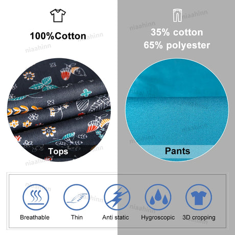 Cotton and polyester fabric details for Cartoon Print Dental Scrubs featuring breathable and anti-static features.