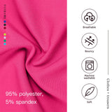 Close-up of pink fabric showcasing 95% polyester and 5% spandex, highlighting breathable and soft qualities.