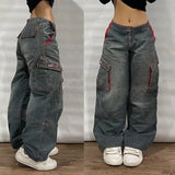 Y2K Multi-Pocket Washed Wide Leg Jeans for Women