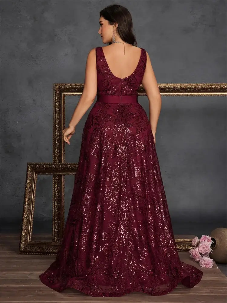 Women Plus Size V-Back Sequin Evening Cocktail Dress