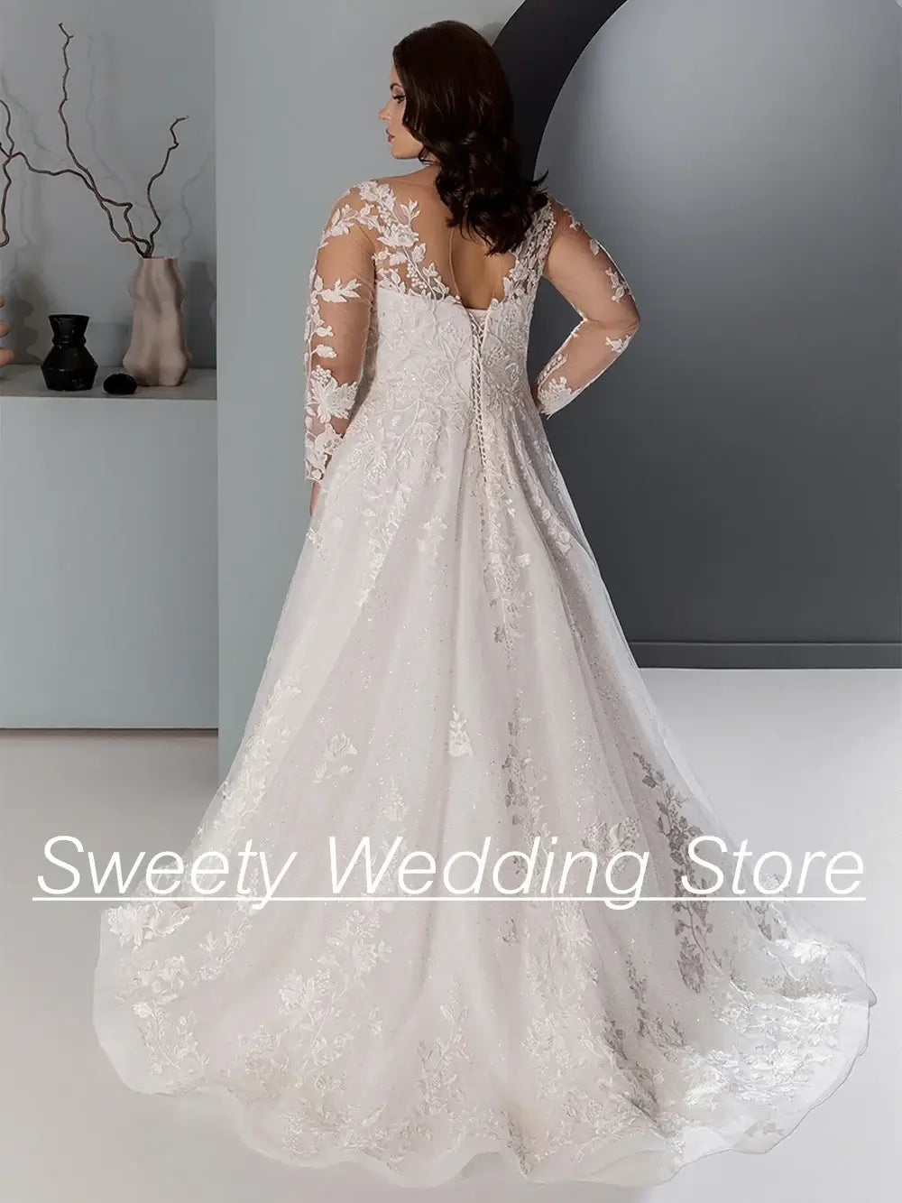 Women Plus Size Glitter Tulle Long Sleeve Wedding Gown