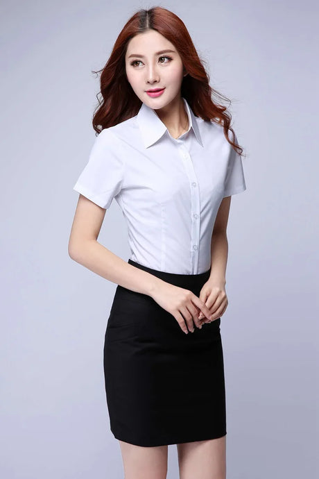 KoreLux™ white short sleeve shirt, youthful office style, slim fit, perfect for women's casual office wear.