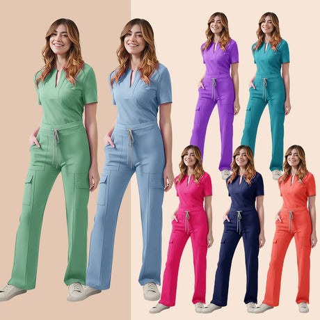 Women’s Medical Scrub Set featuring colorful pocket tops and pants nursing uniform in various colors.