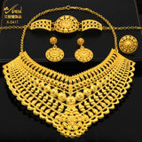 Luxury Indian bridal jewelry necklace set with earrings, ring, and bracelet in 24K gold-plated zinc alloy.