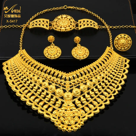 Luxury Indian bridal jewelry necklace set with earrings, ring, and bracelet in 24K gold-plated zinc alloy.