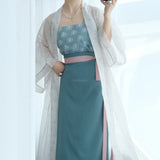 Song Dynasty Hanfu three piece outfit featuring a floral top and layered skirt in blue and pink hues.