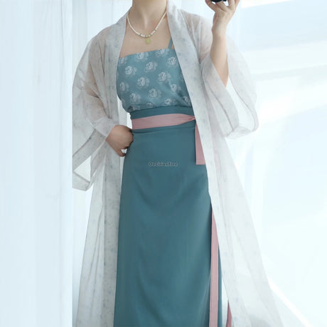 Song Dynasty Hanfu three piece outfit featuring a floral top and layered skirt in blue and pink hues.