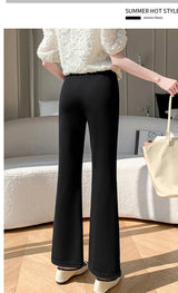 Black bootcut maternity pants made from ice silk, perfect for summer wear and stylish comfort.