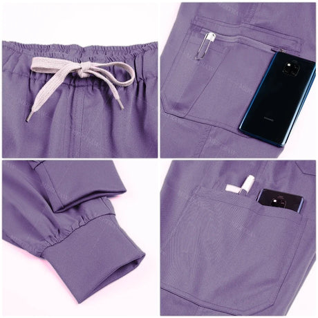 Close-up of summer breathable coveralls in purple fabric, featuring pockets and adjustable drawstring waistband.