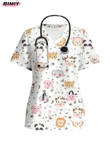 Colorful V-neck nursing scrub top with animal patterns and pockets, featuring a stethoscope, perfect for medical professionals.