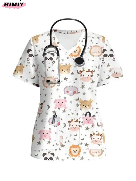 Colorful V-neck nursing scrub top with animal patterns and pockets, featuring a stethoscope, perfect for medical professionals.