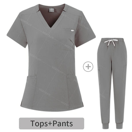 Summer breathable scrub set for women, featuring a gray top and matching pants for healthcare and beauty professionals.