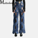 Women Hollow Out Stripe High Waist Jeans