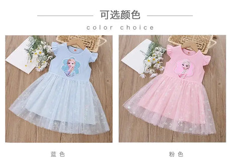 Girls summer princess dresses in blue and pink with cartoon design, perfect for ages 4-6, featuring a comfortable fit.
