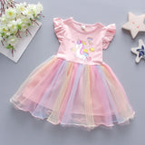 New summer unicorn party dress for girls aged 1-3, featuring colorful layers and cute cartoon design.