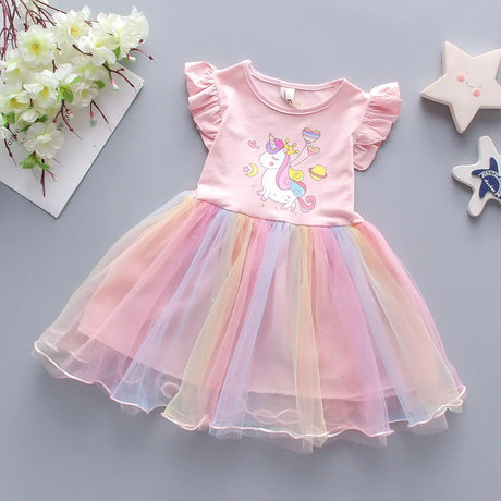 New summer unicorn party dress for girls aged 1-3, featuring colorful layers and cute cartoon design.