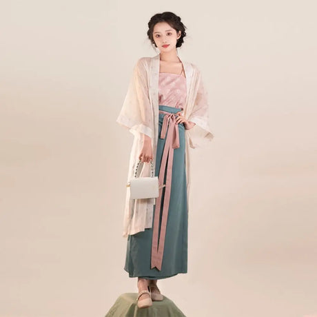 Song Dynasty Hanfu retro three-piece outfit for women, featuring a flowing robe and stylish accessories, made of polyester.