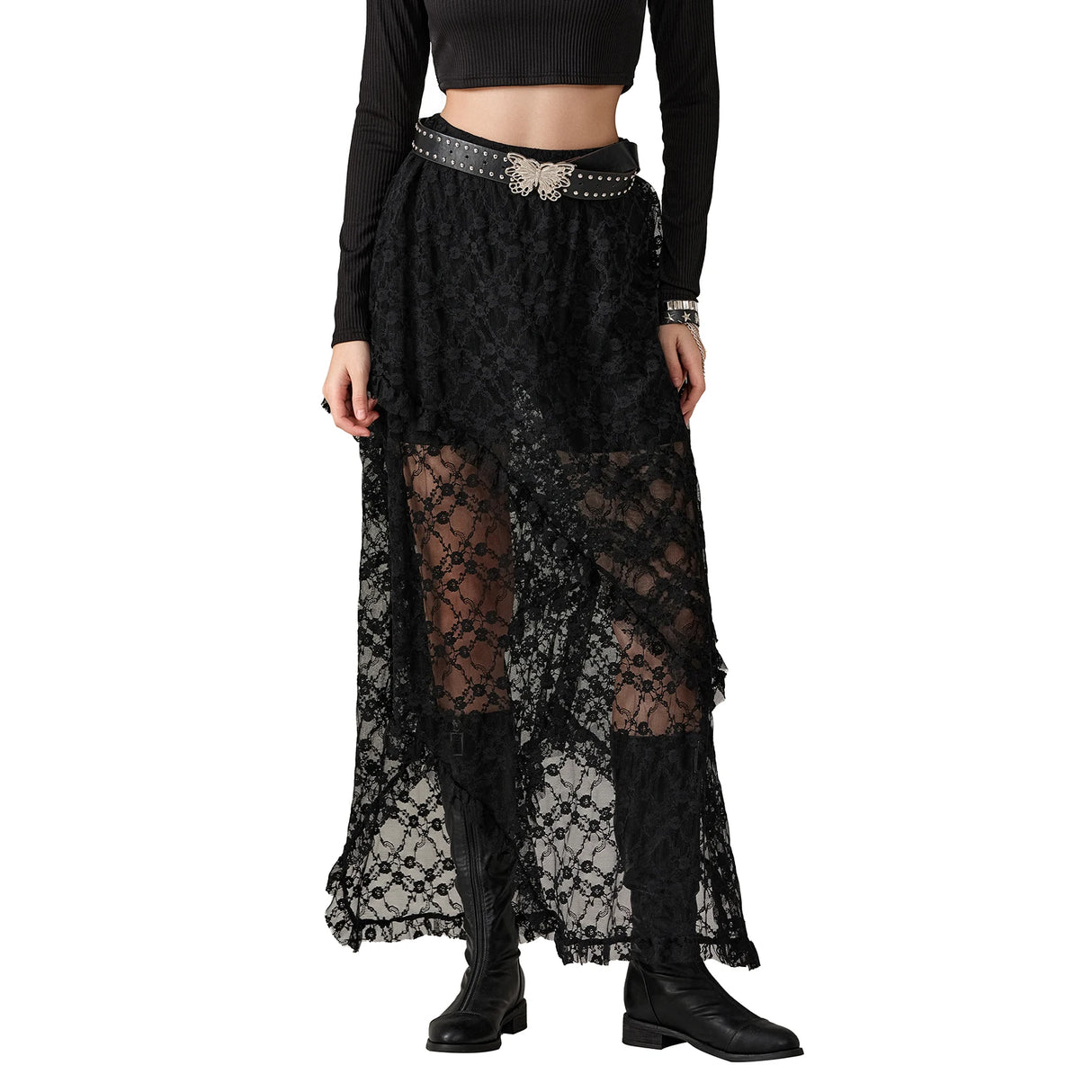 Women Navy Lace Maxi Skirt