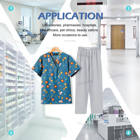 Cartoon print dental scrubs applied in healthcare settings like hospitals and pet grooming institutions.