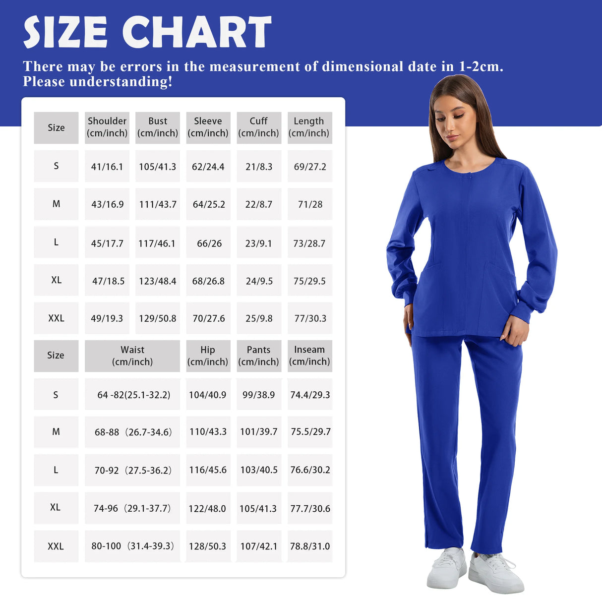 Size chart for dustproof nursing scrubs set in blue, showing measurements for various sizes.