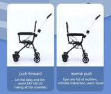 Light foldable baby stroller showcasing push forward and reverse push features for versatile travel.