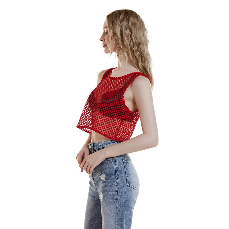 Woman wearing MeshGlow™ hollow-out summer crop top in red fishnet style, showcasing breathable and loose fit design.