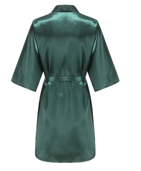 Back view of a knee-length satin robe in deep green color with short sleeves and a tie belt.