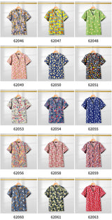 A collection of colorful short-sleeve shirts displayed on hangers, featuring various patterns and designs.