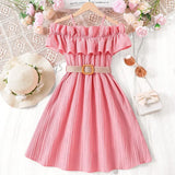 Girls summer casual knee-length dress with off-shoulder ruffles and belt, pink color, perfect for warm weather outings.