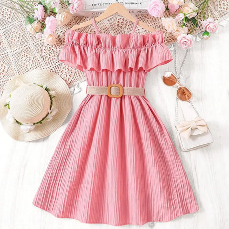 Girls summer casual knee-length dress with off-shoulder ruffles and belt, pink color, perfect for warm weather outings.
