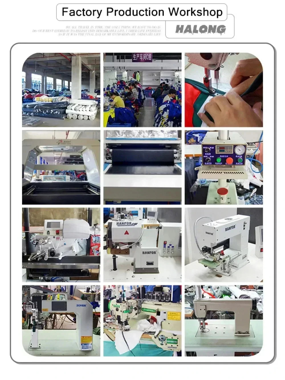 Image collage showcasing the production workshop of Halong, featuring sewing machines and workers in action.