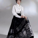 Woman wearing Horse Face Skirt Traditional Hanfu Outfit, featuring a stylish black and white design, perfect for cultural events.