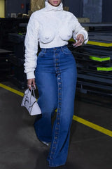 Women Plus Size Button Fly Wide Leg Jeans