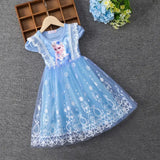 Girls summer flying sleeve dress featuring a blue design with a cartoon character and lace detailing, perfect for ages 4-6.