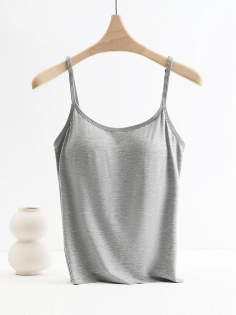 Bralux™ adjustable strap camisole in gray, showcasing soft inner layer and knit material on a hanger.