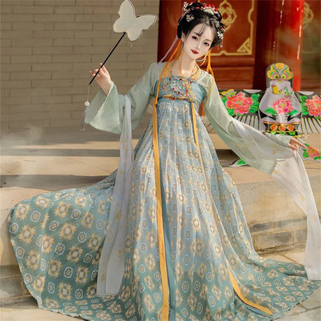 Woman in a beautiful Tang Suit Hanfu dress, perfect for Halloween cosplay, showcasing elegant patterns and flowing sleeves.
