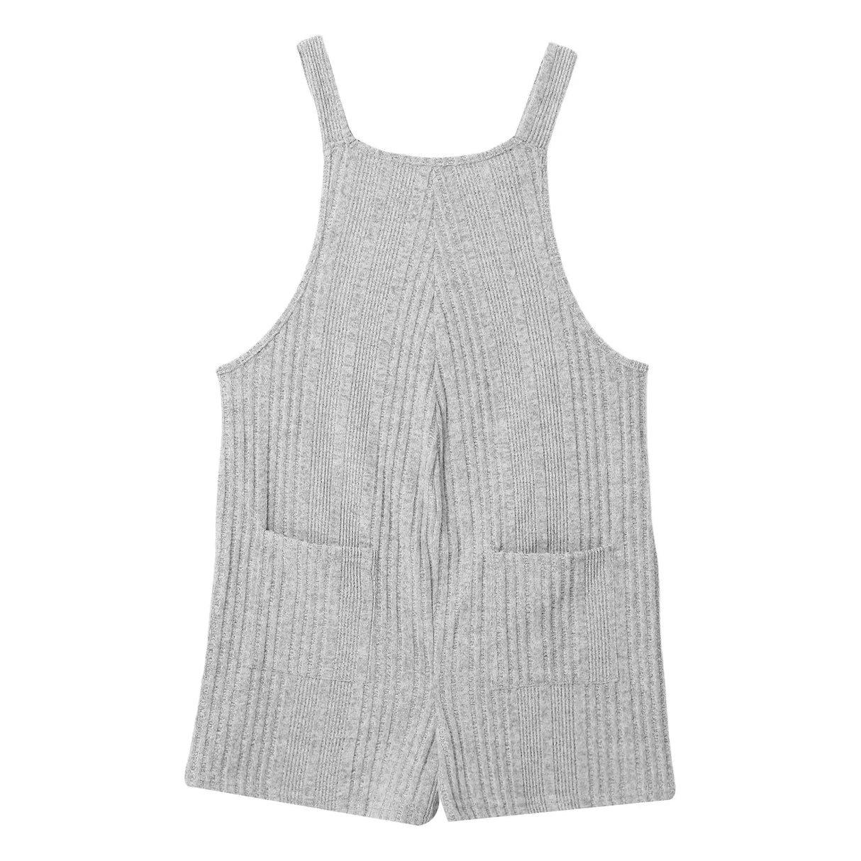 Sleeveless ribbed maternity jumpsuit in grey, featuring a loose fit and pockets, perfect for casual wear during summer.