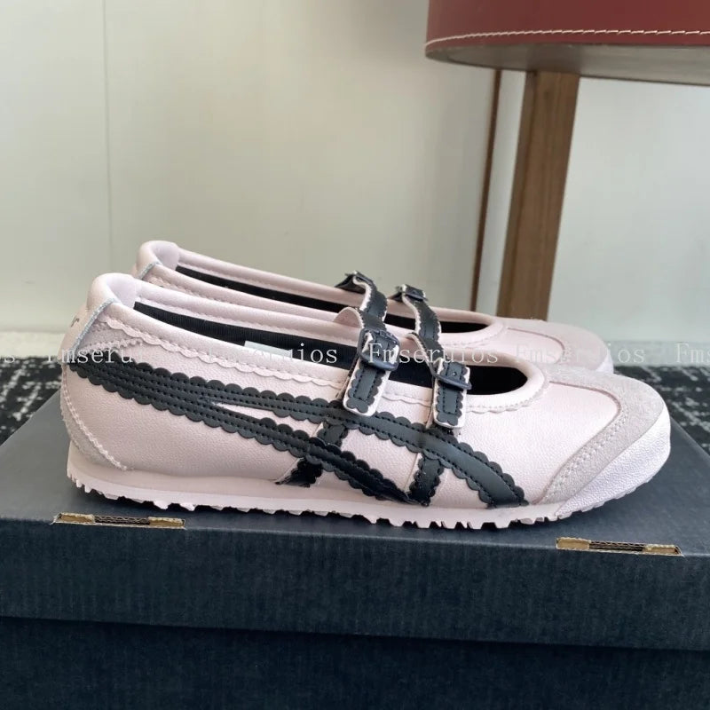 Women Ballet Flats Round Toe Lace Genuine Leather