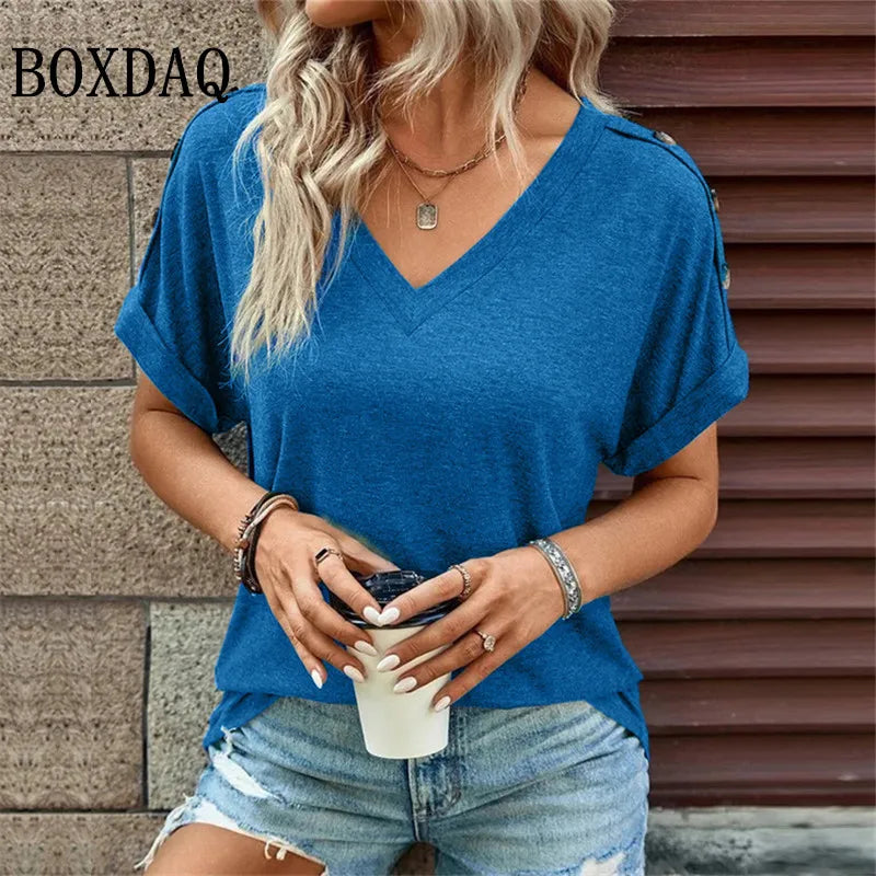 Women Cotton V-Neck Button Shirt