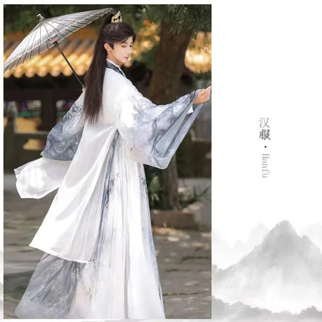 Men's Martial Arts Hanfu outfit featuring a traditional design and parasol, showcasing elegance and cultural style.