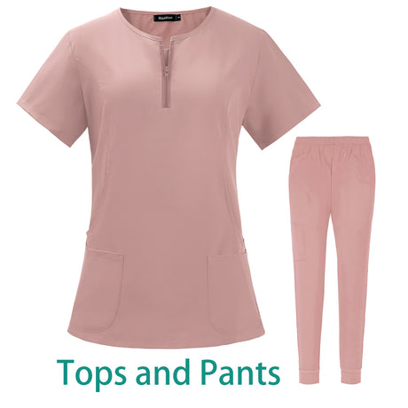 7-color nursing work uniform featuring a zipper V-neck pocket top and matching pants in soft pink fabric.