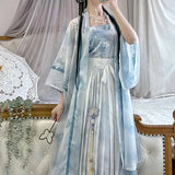 Vintage blue Hanfu cosplay dress 3-piece set with elegant layers and delicate details, perfect for summer parties.