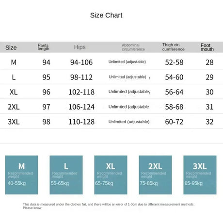 Maternity pants size chart showing measurements for M, L, XL, 2XL, and 3XL with adjustable waist and hip sizes.