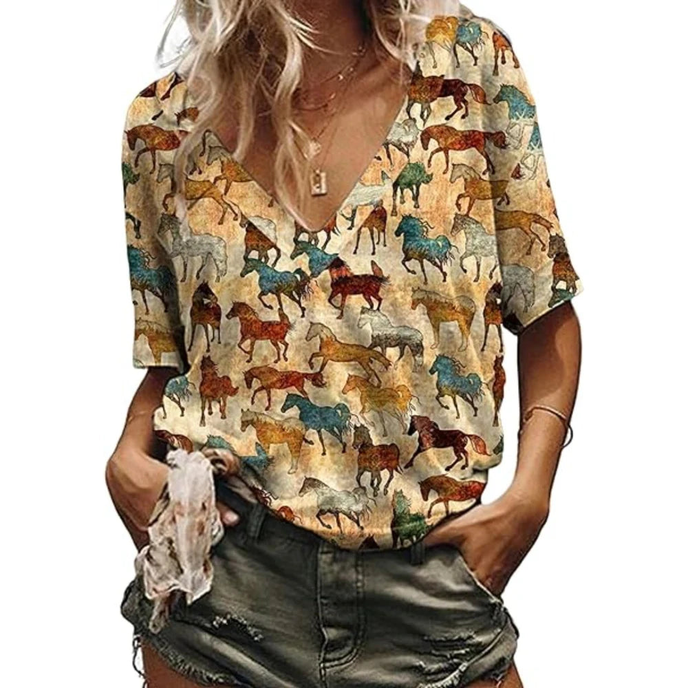 Western Cowgirl Graphic T-Shirt featuring a colorful horse pattern on a V-neck design for women.